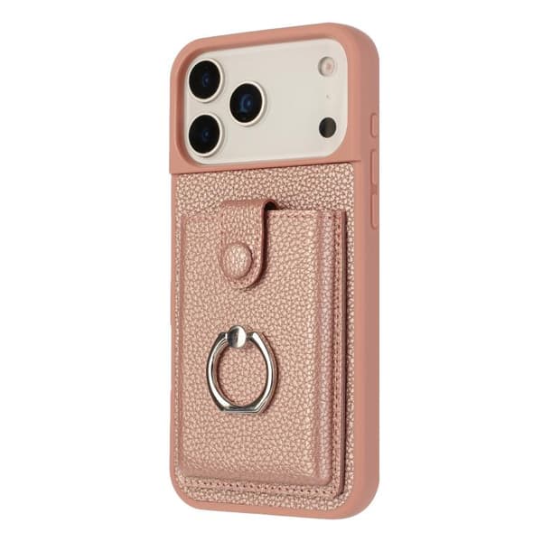 iPhone 18 Pro / iPhone 17 Pro Skal med Litchi-textur och Ringhållare Roséguld