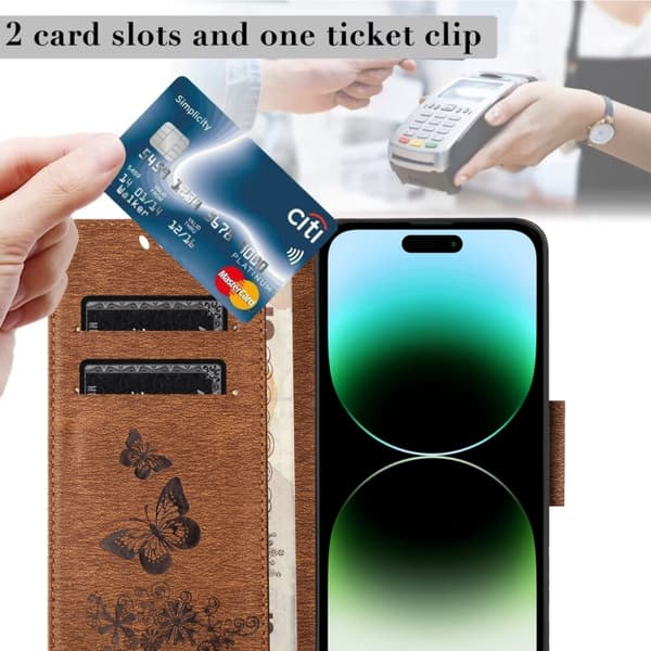 iPhone 16 Pro Butterfly Prägad Flip Fodral Skal Brun