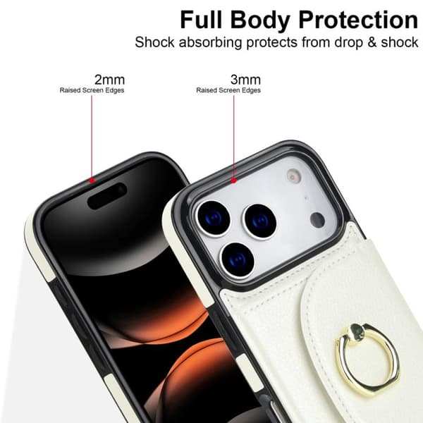 iPhone 18 Pro Max / iPhone 17 Pro Max Skal med Ringhållare och Kortficka, Skinnkänsla Vit