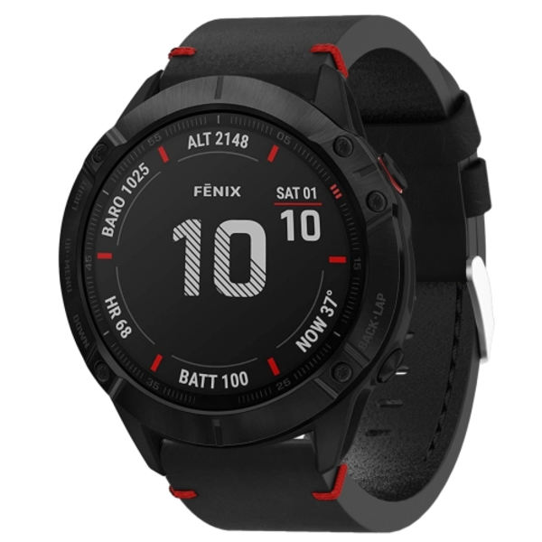 För Garmin Fenix ​​6X 26mm lädersutur stålspänne watch Black