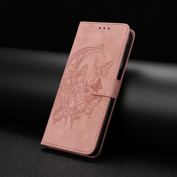 iPhone 18 Pro Max / iPhone 17 Pro Max Skal läderfodral med månbelyst fjärilsdansmönster Rosa