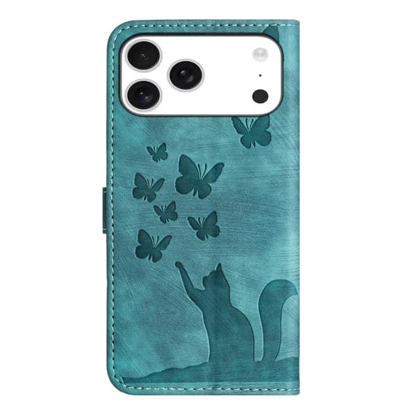 iPhone 18 Pro / iPhone 17 Pro Skal läderfodral med fjäril och kattprägling Wathet