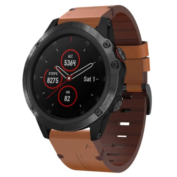 För Garmin Fenix ​​5X Plus 26mm läder stålspänne watch Brown