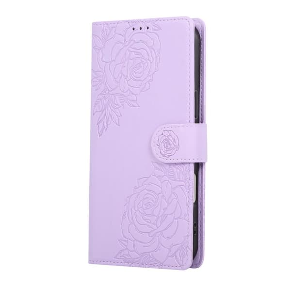 iPhone 18 Pro Max / iPhone 17 Pro Max Skal läderfodral med rosblomma och 3 kortfack Purpur