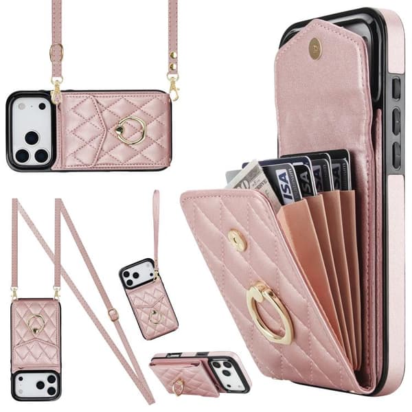 iPhone 18 Pro Max / iPhone 17 Pro Max Skal med Rhombisk Textur och Lång Lanyard Roséguld