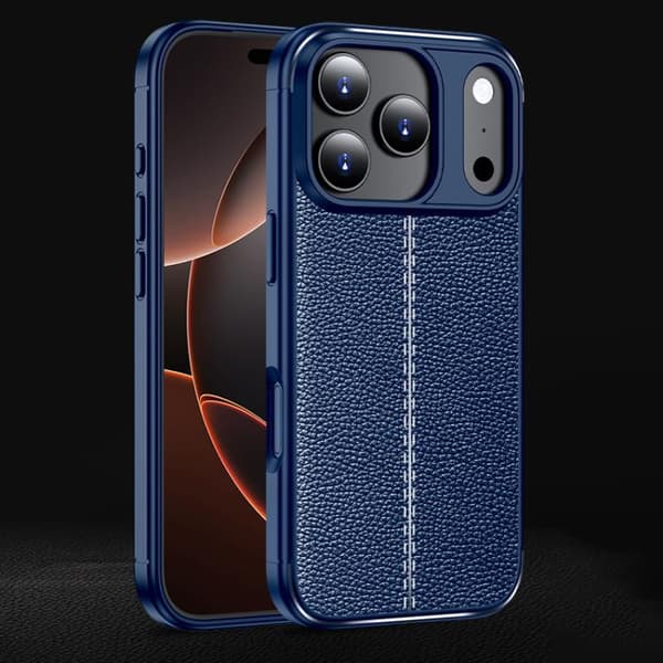 iPhone 18 Pro / iPhone 17 Pro Skal - Litchi-textur, Stöttålig TPU Blå