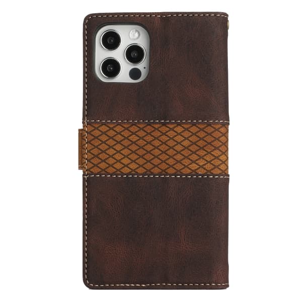 iPhone 16 Pro Max Skal Läder med Lanyard - Grid Stitching Design Brun