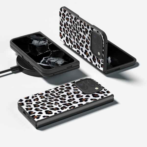 för Pixel 9 Pro Fold - Leopard Mönster Full Coverage Skal med Svart Ram Silverleopard