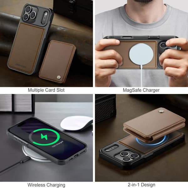 iPhone 18 Pro Max / iPhone 17 Pro Max Skal läderfodral JEEHOOD Business Magnetisk Stil RFID Brun