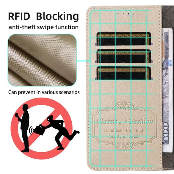 iPhone 18 Pro Max / iPhone 17 Pro Max Skal läderfodral med Litchi-textur och RFID-blockering för 3 kort Beige