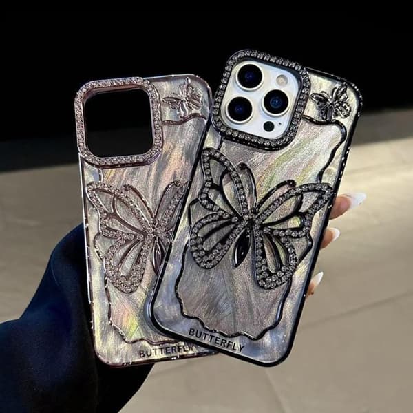 iPhone 18 Pro Max / iPhone 17 Pro Max Skal med Butterfly Elektroplätering och Epoxy Kartong Silver