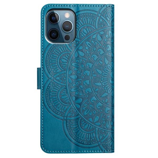 iPhone 16 Pro Blomsterpräglat Läderfodral - Elegant Skal för iPhone 16 Pro Blå