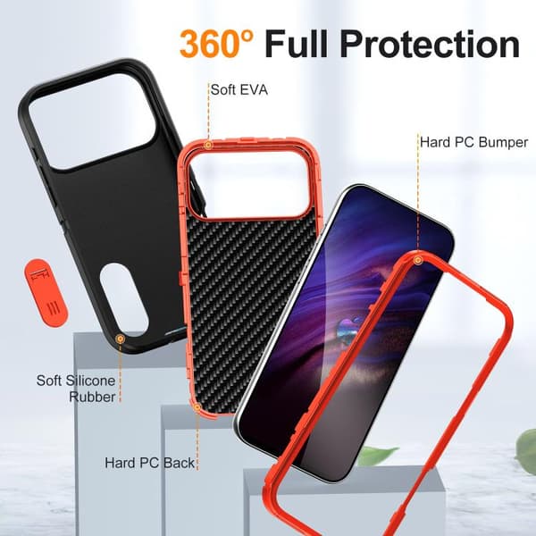 iPhone 17 Pro Skal - Rugged PC + Silikonfodral med Hållare Svart + Orange