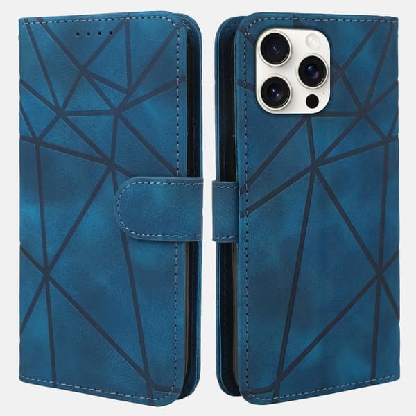 iPhone 16 Pro Max Skal Geometriska Linjer - Läder Fodral Blå