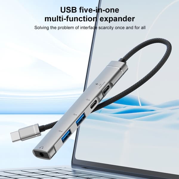 5-i-1 USB-C Multi-funktionshub Adapter (Grå) - Aluminiumlegering, Lätt och Bärbar