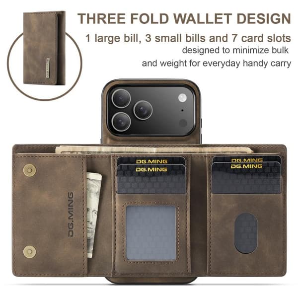iPhone 18 Pro / iPhone 17 Pro Skal läderfodral DG.MING M1 Series 3-Faldig Multi Card Wallet Kaffe