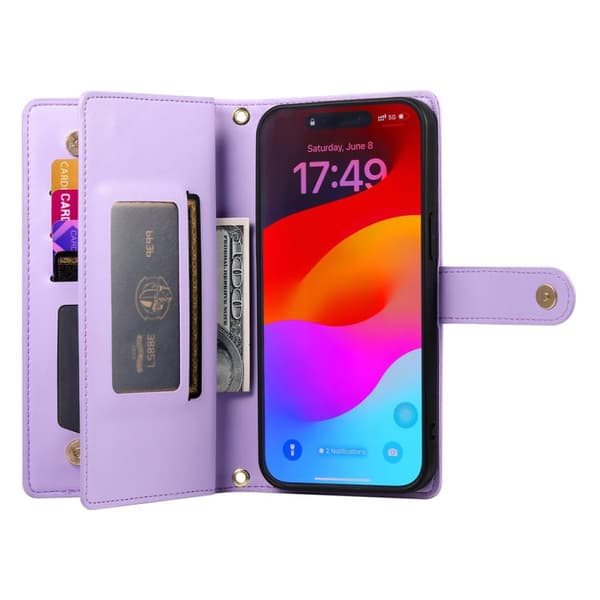 iPhone 18 Pro Max / iPhone 17 Pro Max Skal läderfodral med nio kortfack och dragkedja Purpur