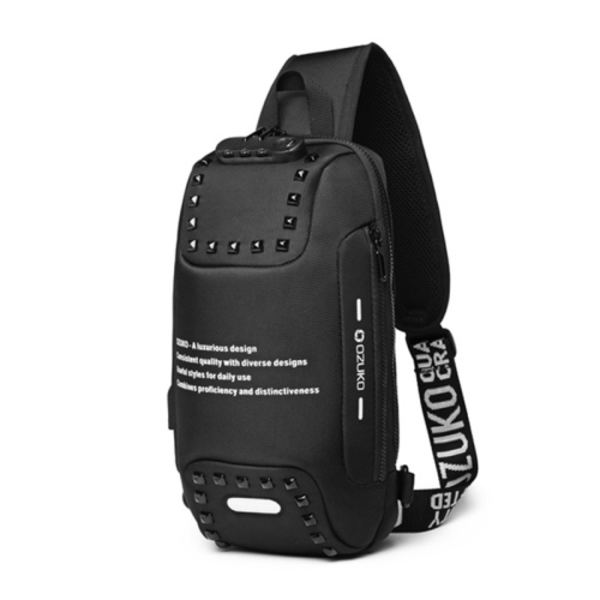 Ozuko 9283 Herr Utomhus Anti-stöld Bröstväska Nitar Messenger Bag med Extern USB-laddningsport Svart
