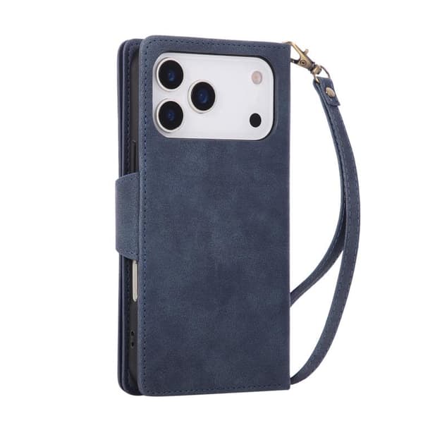 iPhone 18 Pro Max / iPhone 17 Pro Max Skal läderfodral med Rivet Spänne för 9 Kort och Tredelad Design Blå