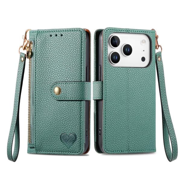 iPhone 18 Pro Max / iPhone 17 Pro Max Skal Läderfodral med Kärlek Zipper Lanyard Grön