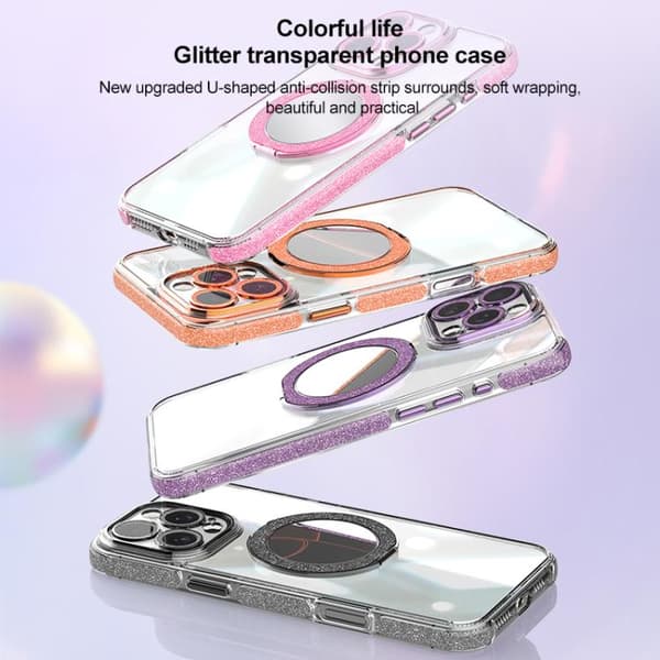 iPhone 16 Pro Transparent Glitter Spegel Rotating Holder Skal Blå