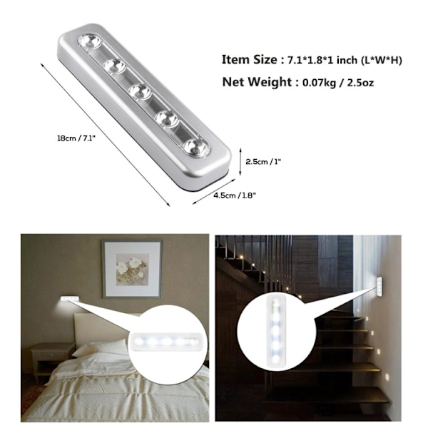5 LED-lampor med starkt ljus, lång touch-lampa, LED-nattlampa, klappljus (silver)
