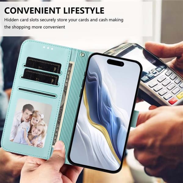 iPhone 18 Pro Max / iPhone 17 Pro Max Skal läderfodral med präglat hjärta och kattdesign samt handrem Mintgrön