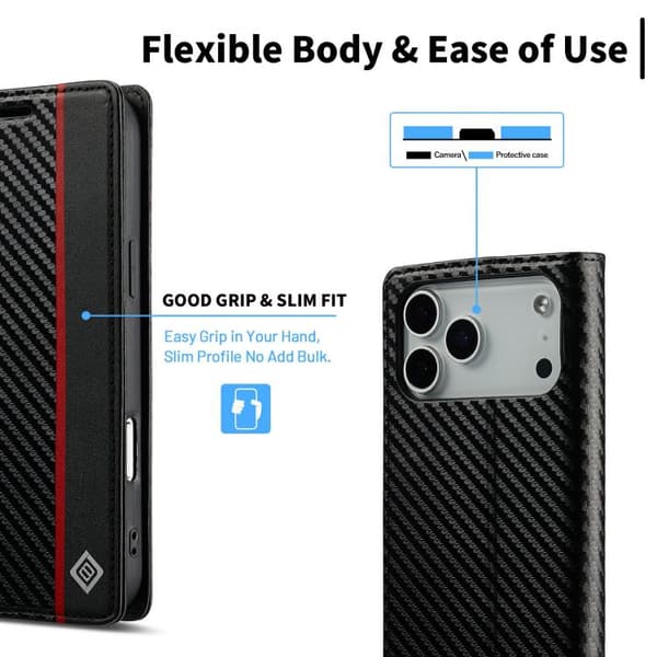 iPhone 18 Pro Max / iPhone 17 Pro Max Skal läderfodral - kolfiber från LC.IMEEKE Vertikal svart