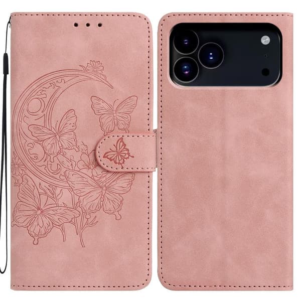 iPhone 18 Pro Max / iPhone 17 Pro Max Skal läderfodral med månbelyst fjärilsdansmönster Rosa