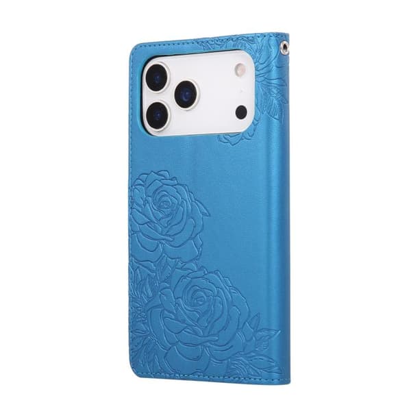 iPhone 18 Pro Max / iPhone 17 Pro Max Skal läderfodral med rosblomma och 3 kortfack Blå