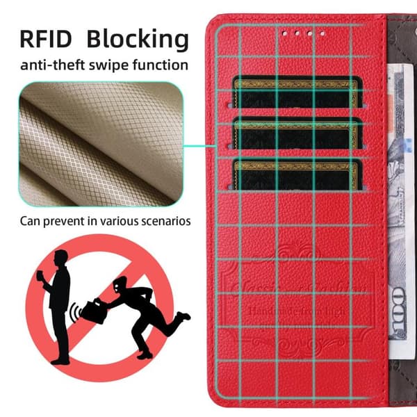 iPhone 18 Pro / iPhone 17 Pro Skal läderfodral med Litchi-textur och RFID-blockering för 3 kort Röd