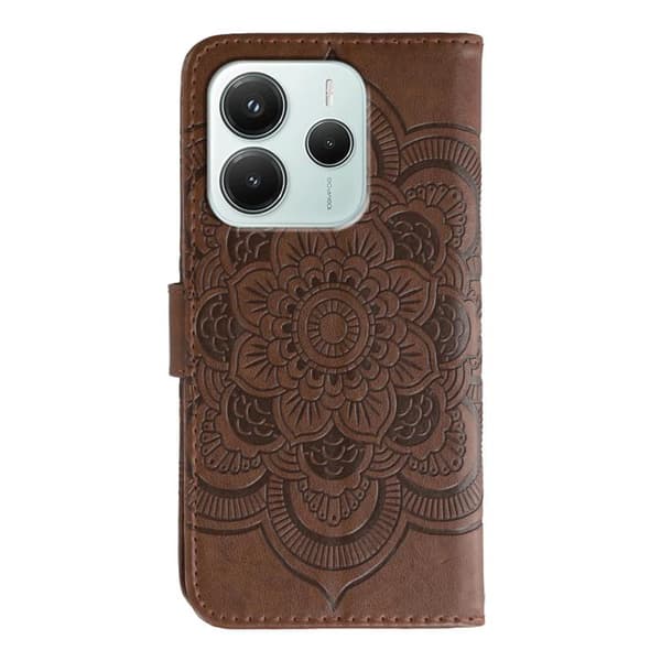 Redmi Note 14 4G - Läderfodral med Sol Mandala Prägling, Brun