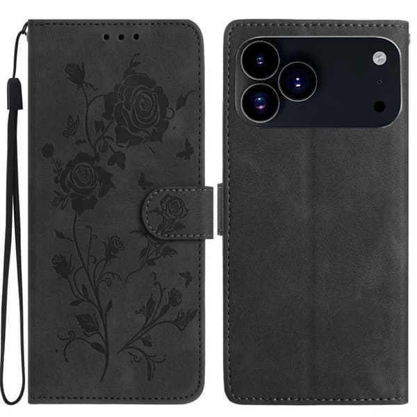 iPhone 18 Pro / iPhone 17 Pro Skal läderfodral med rosblomma präglat mönster Svart