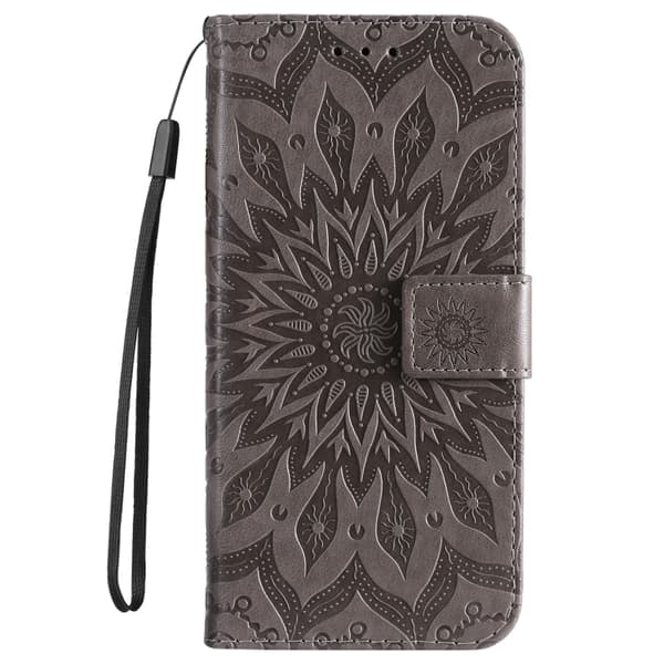 iPhone 16 Pro Max Skal med Präglad Solrosmönster - Elegant Läderfodral Grå