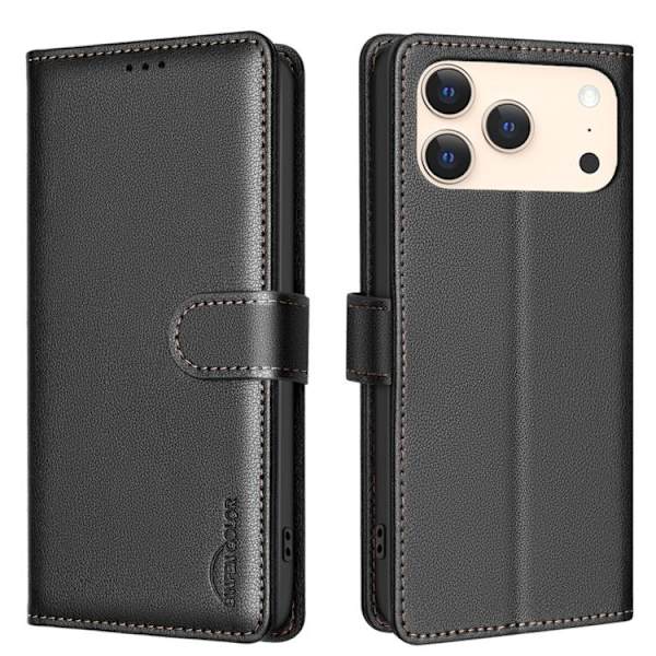 iPhone 17 Pro Max Skal läderfodral med Litchi-textur och RFID-antitheft Svart