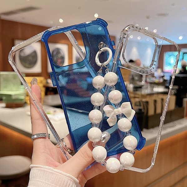 iPhone 18 Pro Max / iPhone 17 Pro Max Skal - TPU + PC med Glittrande Paljetter och Armband - Fullt Skydd Blå