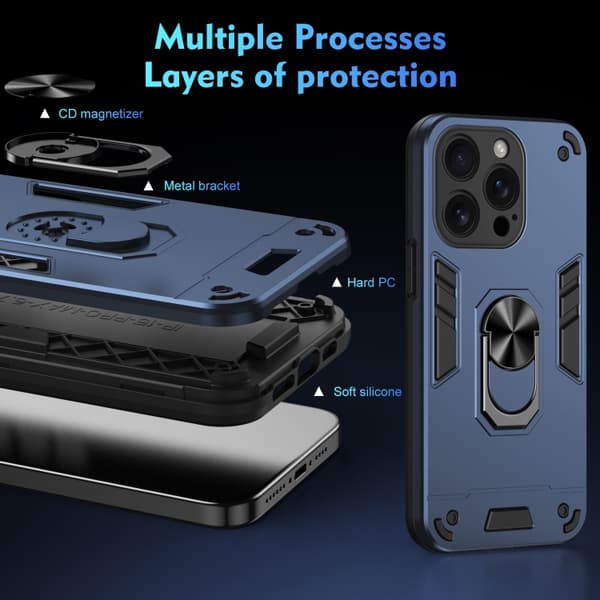 iPhone 16 Pro Max Shockproof Metallringhållare Skal Blå