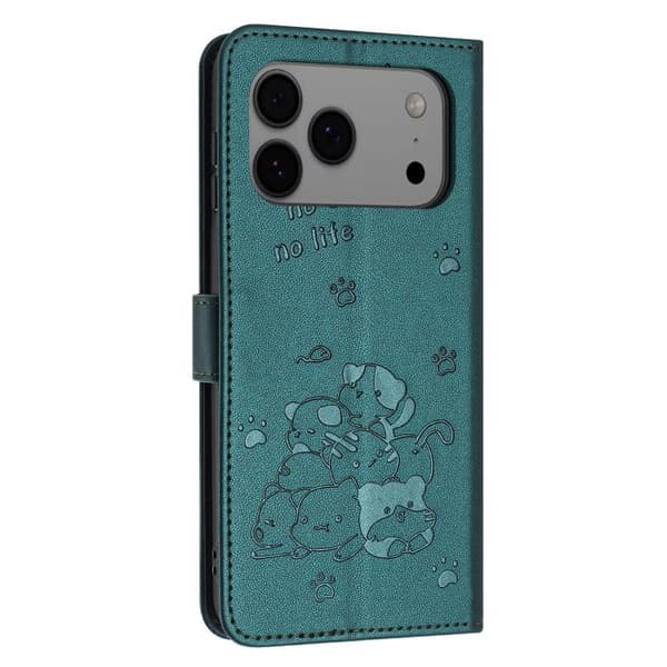 iPhone 18 Pro / iPhone 17 Pro Skal - läder med präglad katt och rem Mörkgrön