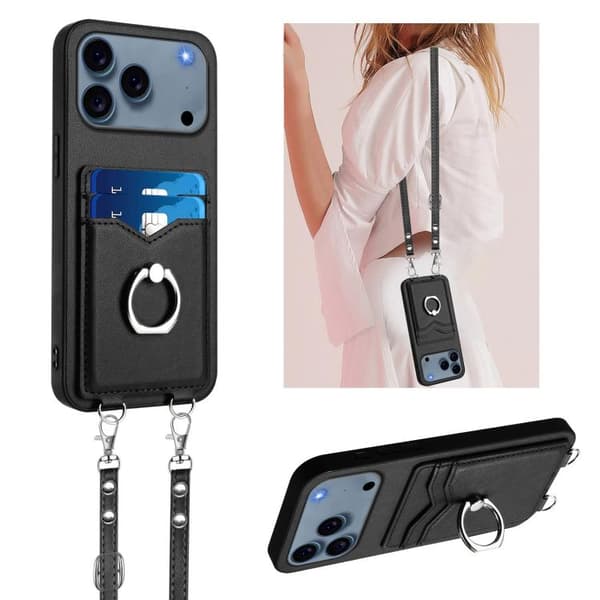 iPhone 18 Pro / iPhone 17 Pro Skal med Korsa Rep Ring och Kortfack Svart