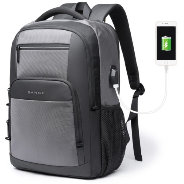 BANGE BG-1921 College Student Skolväska Vattentät Business Datorryggsäck med Extern USB Laddningsport Ljusgrå
