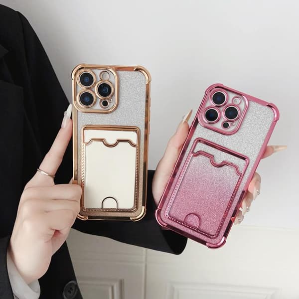 iPhone 18 Pro Max / iPhone 17 Pro Max Skal med Fyrhörn Glitter Elektropläterad Kortficka Blå