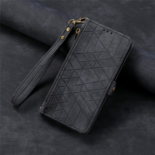iPhone 18 Pro Max / iPhone 17 Pro Max Skal läderfodral med geometrisk dragkedja och sidobuckle Svart