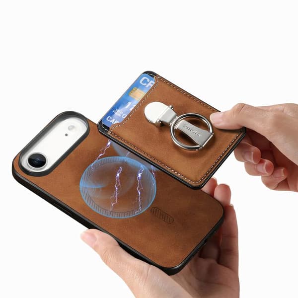 iPhone 17 Air Skal med Retro Fällbart Ringhållare och Kortfack MagSafe Brun
