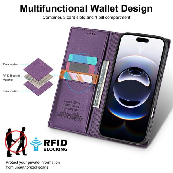 iPhone 18 Pro / iPhone 17 Pro Skal läderfodral N.BEKUS P3 RFID med magnetisk flip Purpur