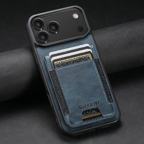 iPhone 17 Skal - oljevaxläder med ställfunktion Blå