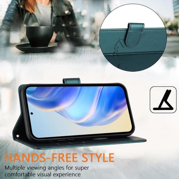 iPhone 18 Pro / iPhone 17 Pro Skal läderfodral med Smile Embossing och RFID Påfågelgrön