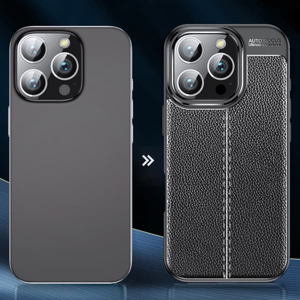iPhone 16 Pro Litchi Textur Shockproof TPU Skal Svart