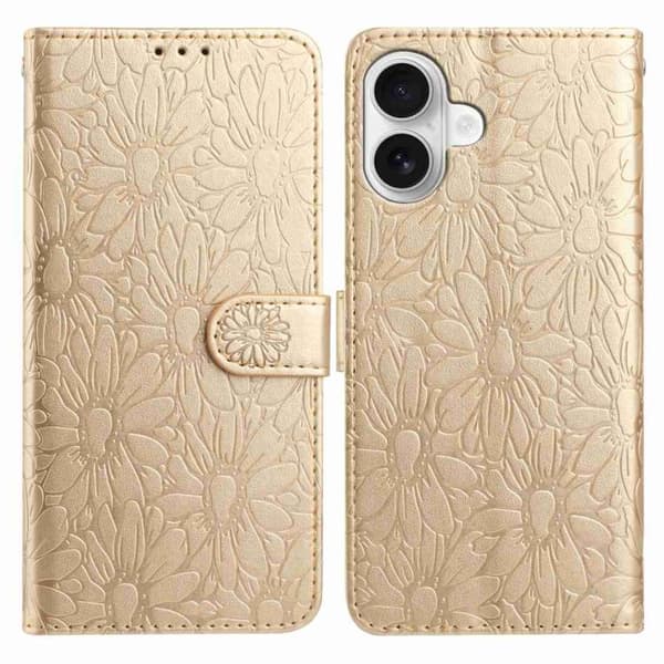 iPhone 17 Skal läderfodral med Daisy Prägling Guld