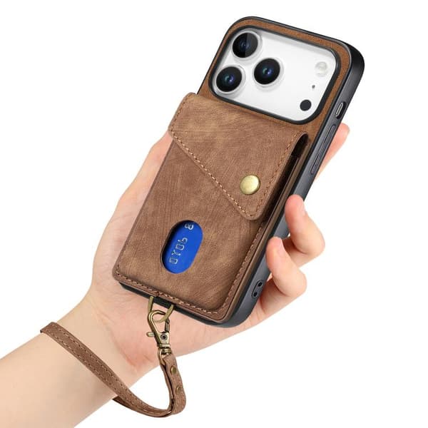 iPhone 18 Pro / iPhone 17 Pro Skal läderfodral med retro kortficka och rem Brun