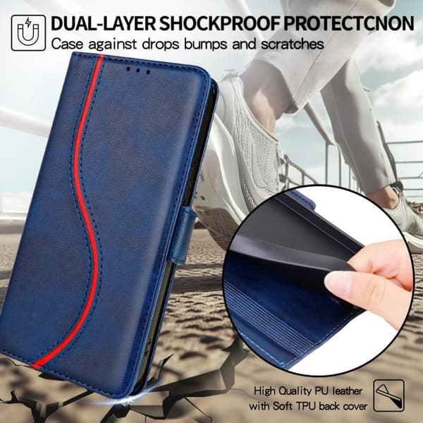 iPhone 18 Pro / iPhone 17 Pro Skal läderfodral med sidobuckle S-kurva Blå